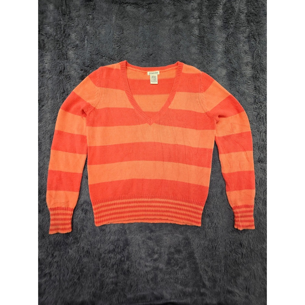 St‎ Johns Bay Womens Orange Striped V-Neck Cotton Blend Knit Sweater Medium